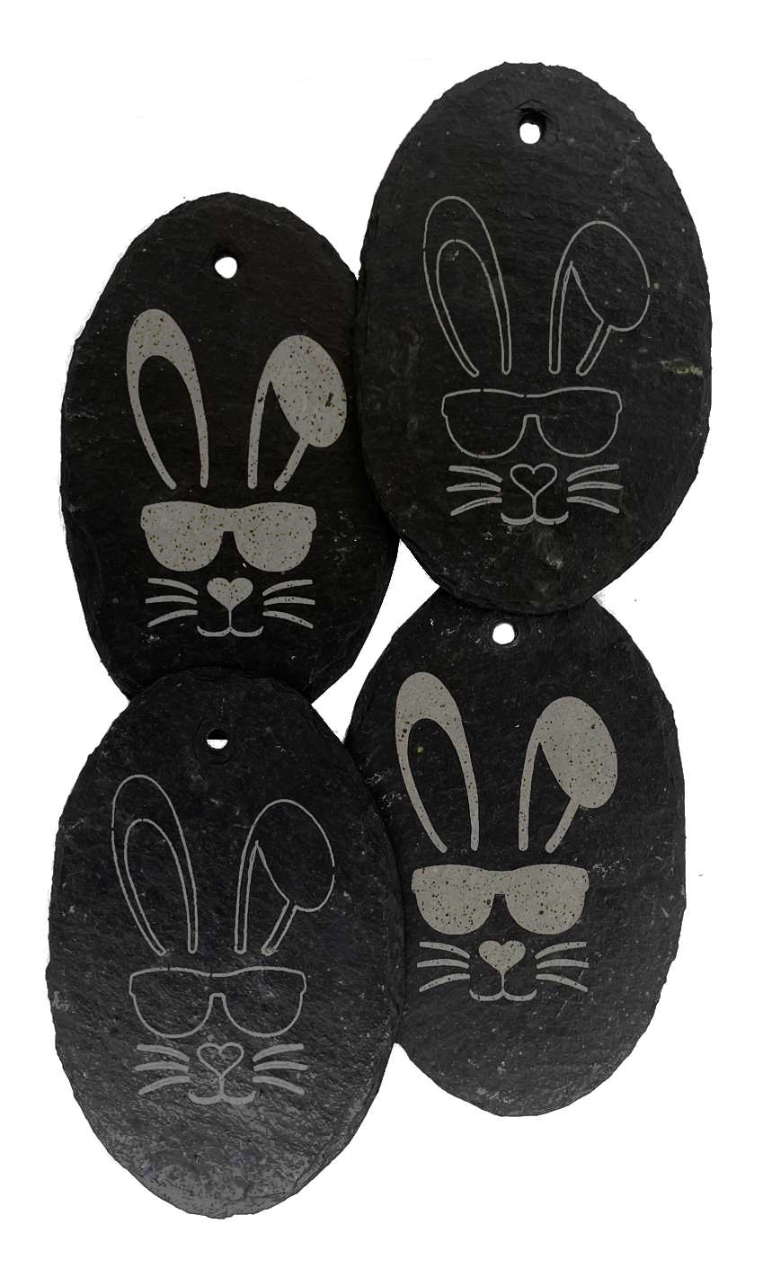 Primero Ostereier 4er SET mit Lasergravur, je 2 Hasengesichter, ca. 8 x 6 cm, gelocht