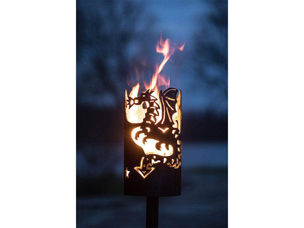 Gartenfackel groß Drache mit Feuer - inkl. Fackelstiel 110 cm angespitzt und 1 x Brennmaterial